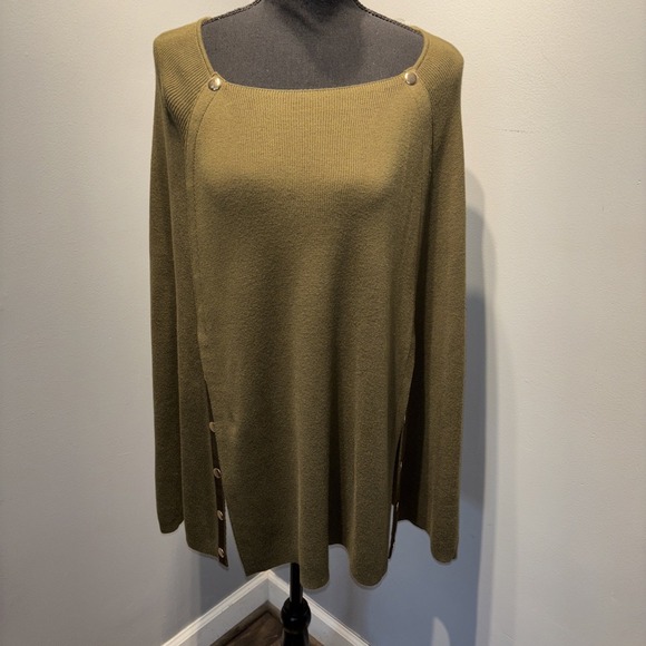 Chico's Poncho S/M Olive Green Gold Button Embellishment Ribbed Lagenlook Luxury - Picture 1 of 9